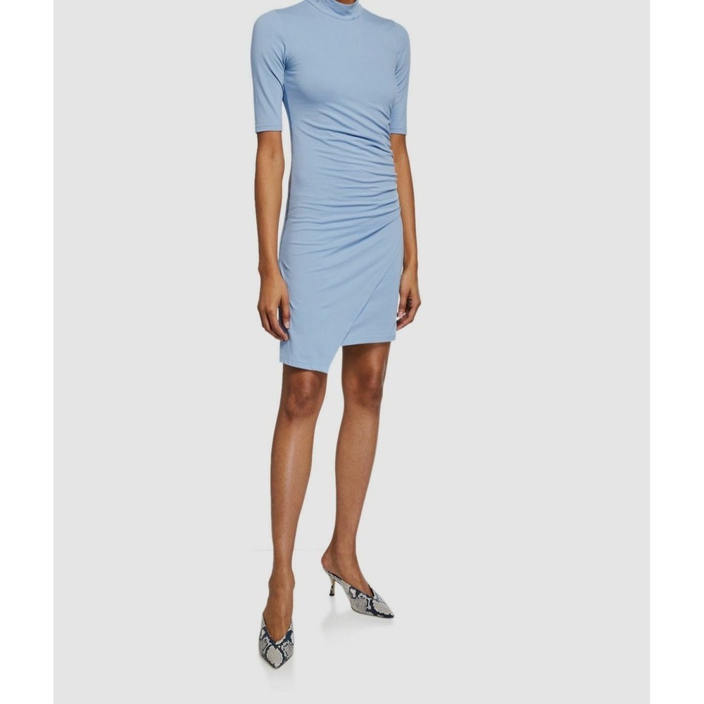ATM Anthony Thomas Melillo Ruched Mock Neck Dress Blue Medium Quiet Luxary
